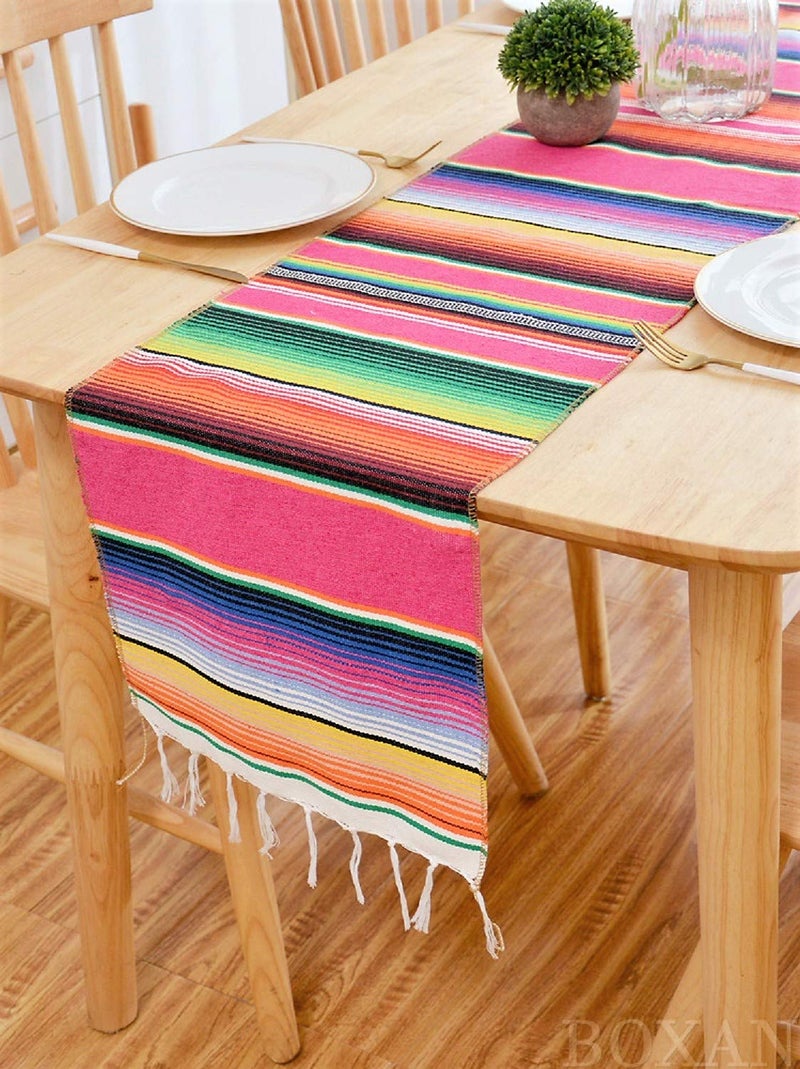 BOXAN Mexican Serape Table Runner for Mexican Party Wedding Decorations Outdoor Picnics Dining Table, Fringe Cotton Blanket Fiesta Table Runners, 14 x 84 Inch - Image 4